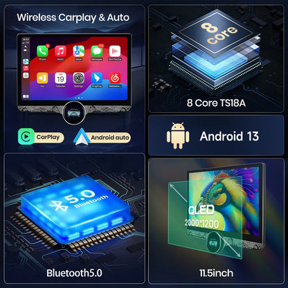 Junsun 11.5 "2K écran tactile sans fil CarPlay pour Apple autoradio universelle Android Auto multimédia systèmes intelligents FM AM