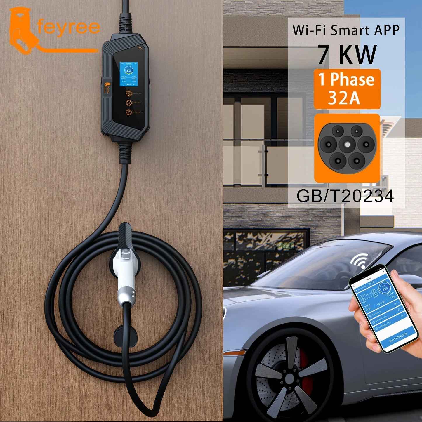 Feyree 7KW 32A شاحن سيارات كهربائية قابل للتعديل قابس GBT، نسخة تطبيق بلوتوث، إعداد وقت الشحن، صندوق شحن EVSE للمركبات الكهربائية