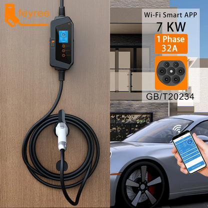 Feyree 7KW 32A شاحن سيارات كهربائية قابل للتعديل قابس GBT، نسخة تطبيق بلوتوث، إعداد وقت الشحن، صندوق شحن EVSE للمركبات الكهربائية