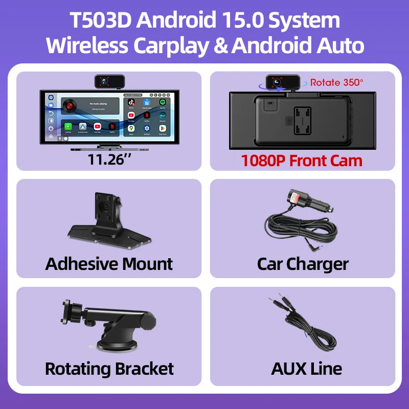 11.26 pouces Android 15 voiture DVR 4G + 64G WIFI sans fil Carplay Android Auto Dash Cam multimédia lecteur vidéo GPS Navigation BT AUX