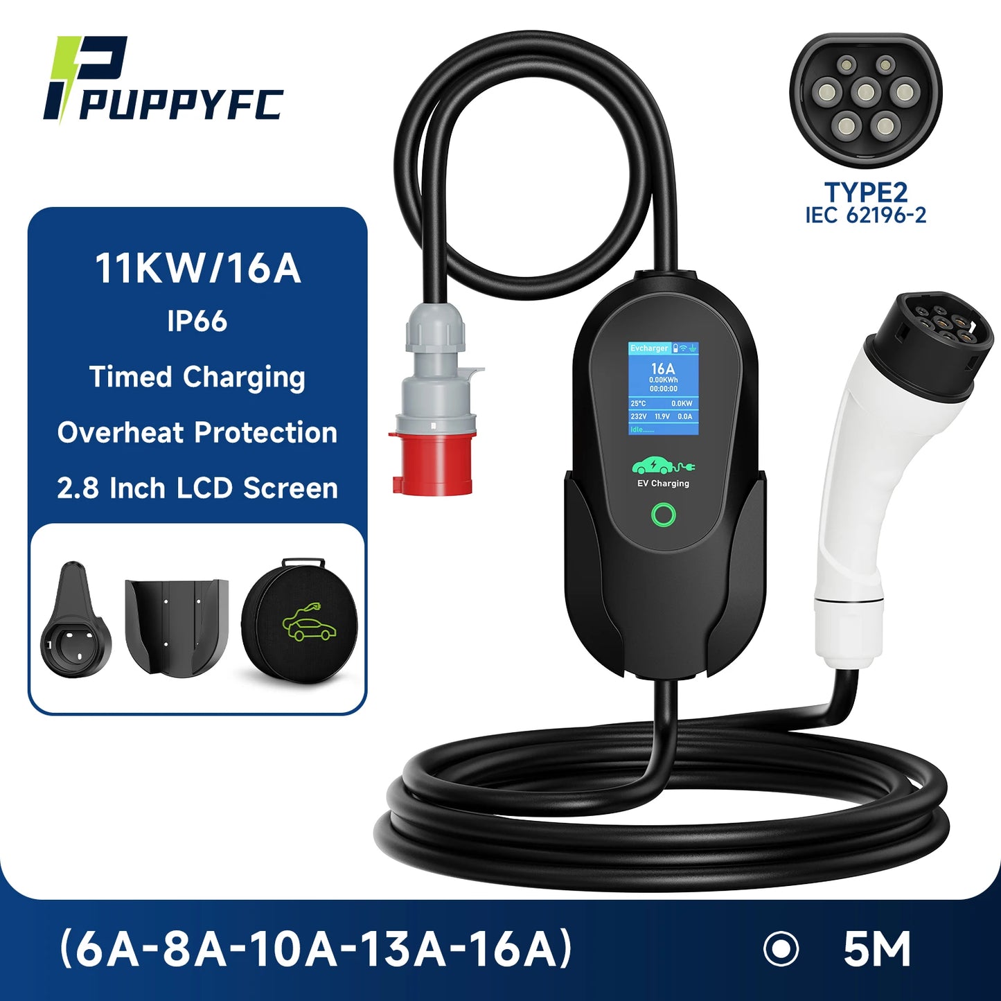 Puppyfc – chargeur EV Portable 3,6 kw/7 kw/11 kw, Type 2, charge rapide, prise CEE, câble Wallbox avec contrôle par application WiFi pour véhicule électrique
