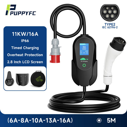 Puppyfc – chargeur EV Portable 3,6 kw/7 kw/11 kw, Type 2, charge rapide, prise CEE, câble Wallbox avec contrôle par application WiFi pour véhicule électrique