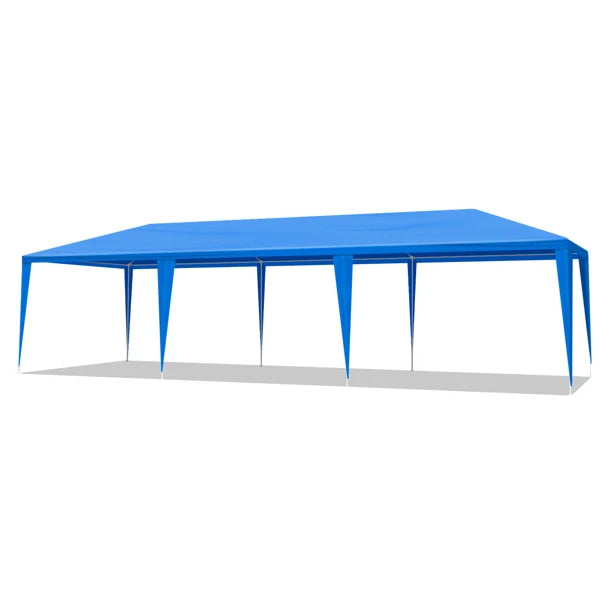 Tente de réception extérieure bleue 10x30 pieds (900x300 cm) en tissu PE imperméable avec structure en acier et 8 parois latérales amovibles avec fenêtres, capacité 50 personnes