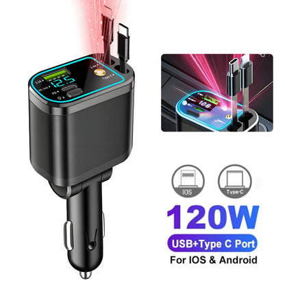 Chargeur de voiture 5 en 1 150W, affichage de la tension PD30W, charge Super rapide 22.5W avec câble rétractable pour IPhone Xiaomi Samsung