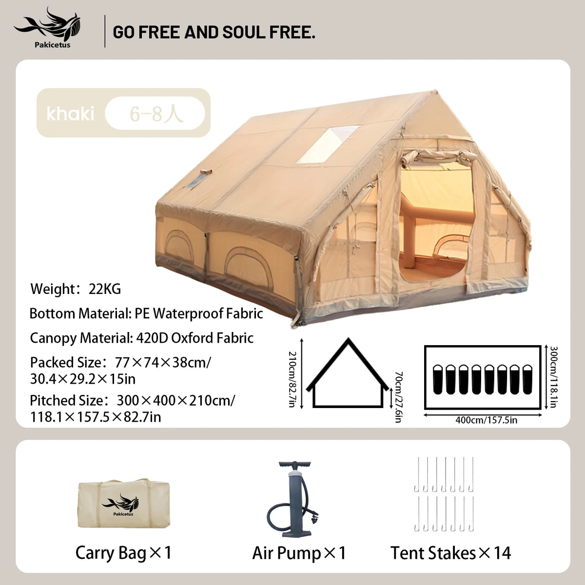 Tente de camping gonflable PAKICETUS pour 4 à 8 personnes avec fenêtres, tente de camping portable résistante à l'eau