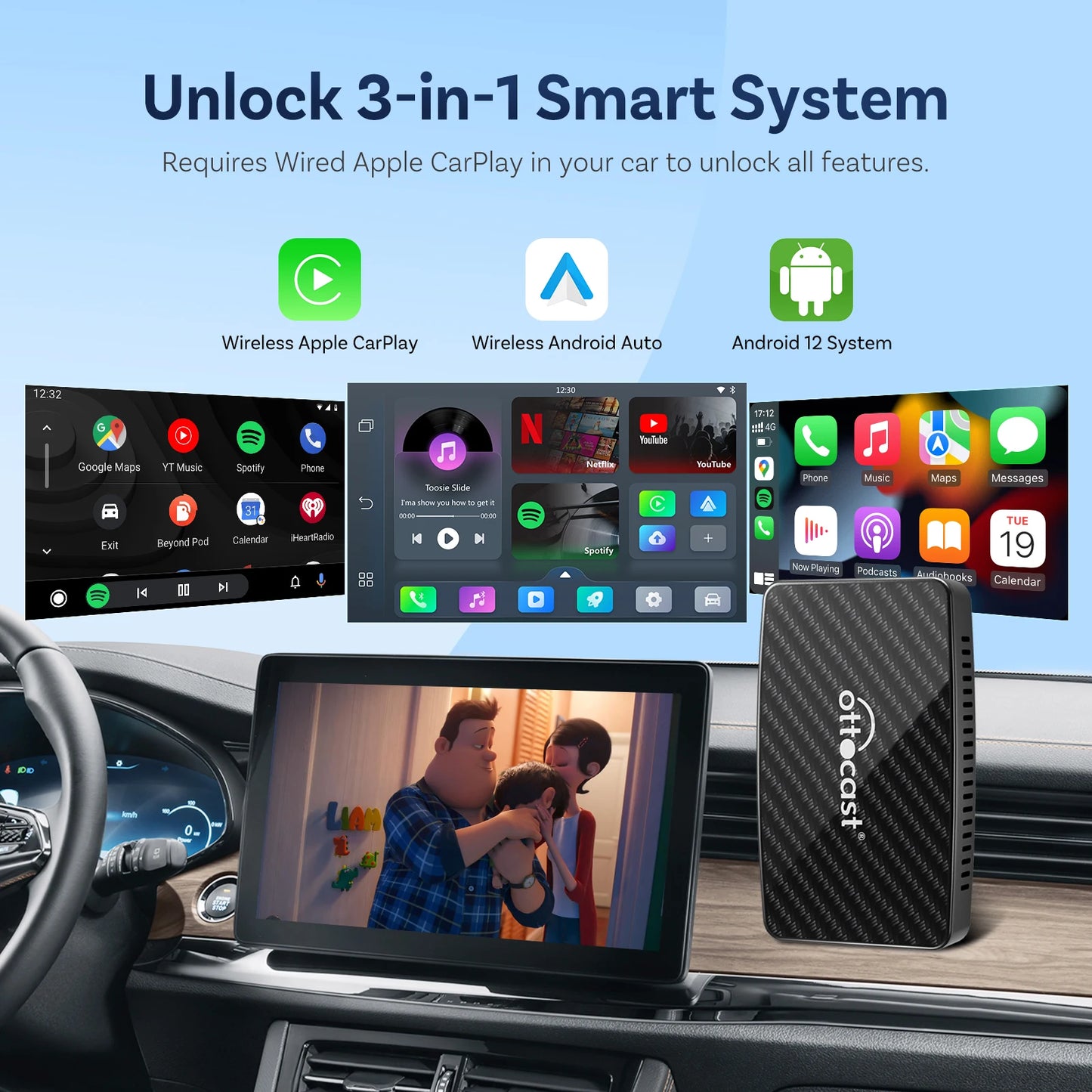 Ottocast Play2video Pro adaptateur Carplay sans fil boîtier AI Android Auto Netflix lecture vidéo YouTube miroir d'écran 1080p pour Audi
