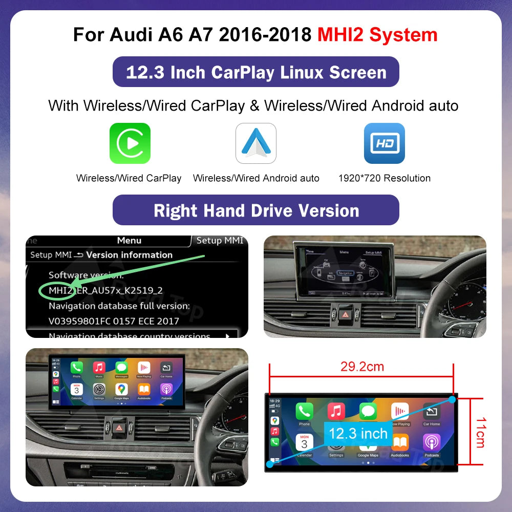 Autoradio multimédia stéréo pour Audi A6 C6 C7 A7 2011-2018 sans fil CarPlay GPS Navi lecteur Radio Bluetooth 12.3 