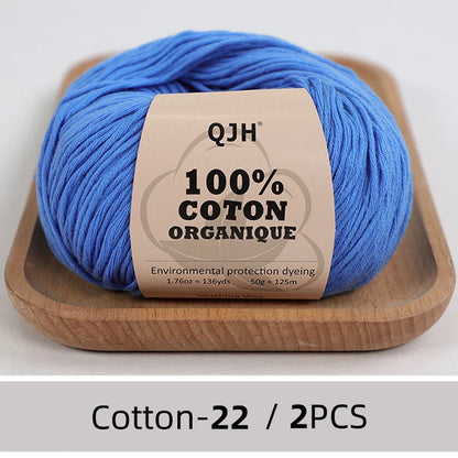 QJH Fil 100% coton biologique, fil pour tricoter, crochet et artisanat, paquet de 2 - 1,76 oz/136 mètres/1 pièce, léger, Dk
