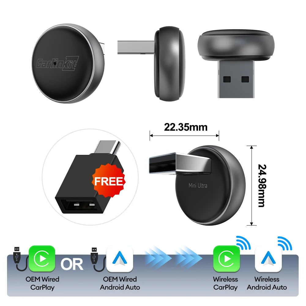 2 en 1 CarlinKit 5.0 Ultra sans fil CarPlay Android Auto adaptateur 2026 nouveau boîtier sans fil Wifi 5G pour voiture avec CarPlay filaire IOS26