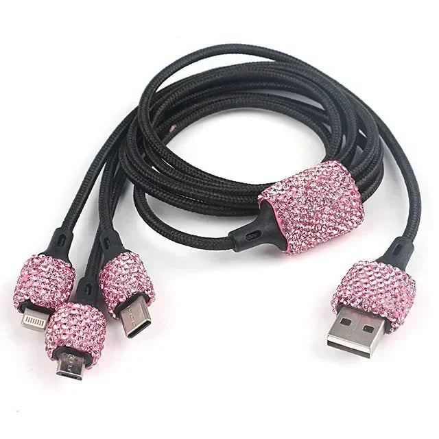 Chargeur de voiture USB rose cristal diamant 5V 2,1 a, double Port, adaptateur de charge rapide, câble 3 en 1 pour IPhone Samsung Huawei