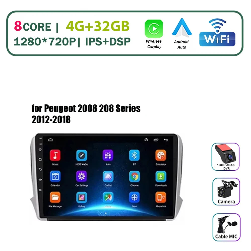 Autoradio multimédia Android 16 pour Peugeot 2008 208 Série 2012-2018 Lecteur Navigation GPS CarPlay sans fil Radio DVD Unité principale