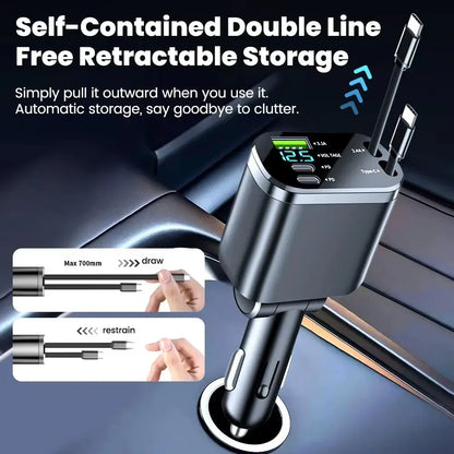 Chargeur de voiture 5 en 1 150W, affichage de la tension PD30W, charge Super rapide 22.5W avec câble rétractable pour IPhone Xiaomi Samsung