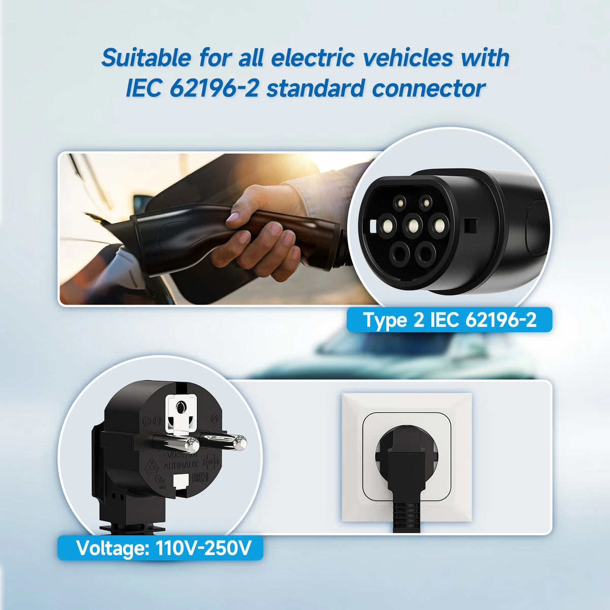 شاحن سيارة كهربائية محمول AFYEEV 3600W من النوع 2 IEC62196-2، كابل شحن، قابس الاتحاد الأوروبي، واي فاي، بلوتوث، جهاز تحكم عن بعد Andrea
