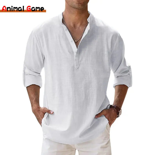 Nouvelles chemises en coton et lin pour hommes chemises décontractées légères à manches longues chemises de plage Henley t-shirts hawaïens pour hommes