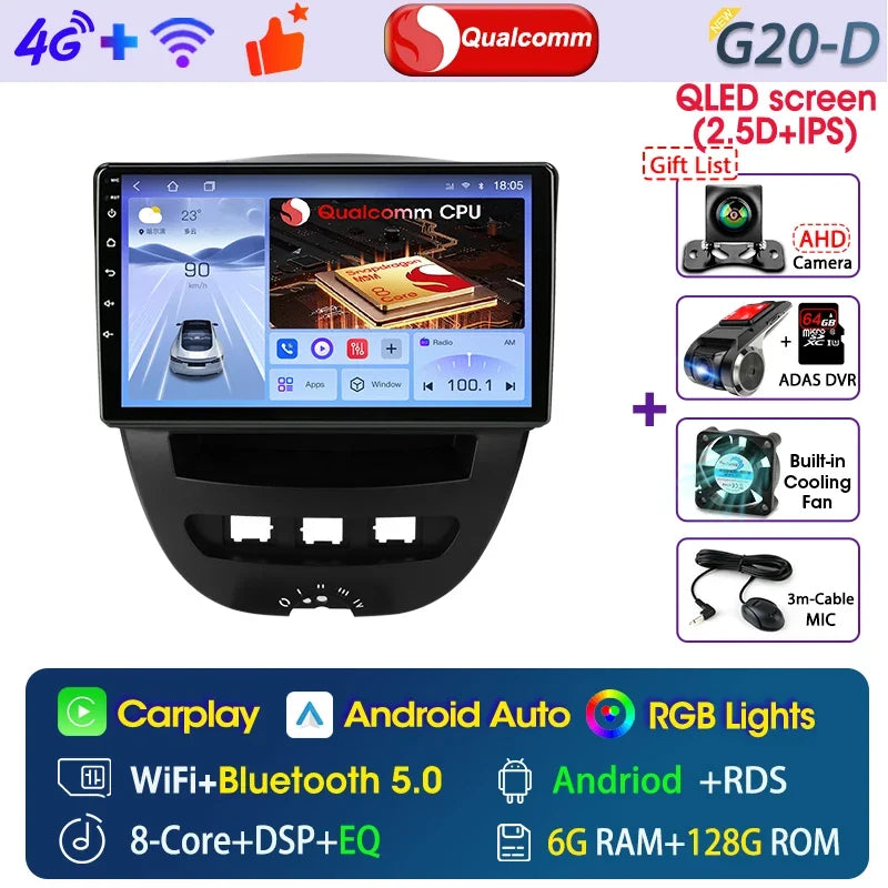 Srnubi Qualcomm 8 Core autoradio pour Peugeot 107 Toyota Aygo citroën C1 2005 - 2014 2 Din lecteur multimédia Android Carplay