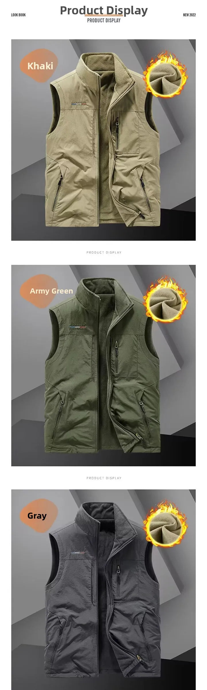 Gilet de sport d'extérieur pour homme, doublé polaire, épais, automne-hiver, décontracté, col montant, grande taille, coupe classique