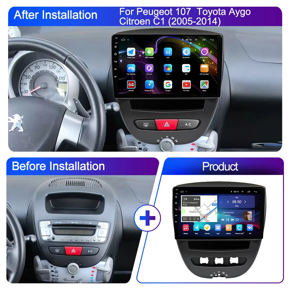 LEHX-Autoradio L6 Pro, Android 14, 2 Din, Stéréo, CarPlay, Limitation de Courant, GPS, pour Voiture KIT 107, Toyota Aygo, Cristaux en C1 (2005-2014)