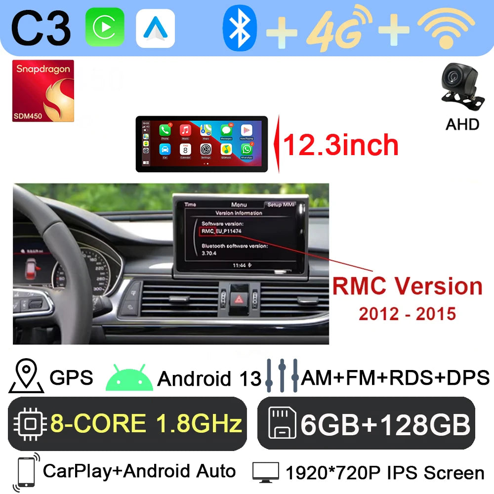 Android 13 sans fil Carplay 12.3 pouces pour Audi A6 C7 A7 2012-2018 autoradio multimédia Android Auto GPS 4G LTE DSP stéréo WiFi
