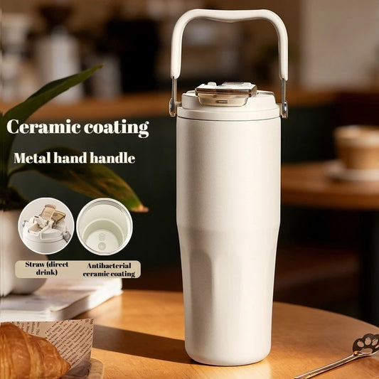 Gobelet à revêtement en céramique de 800ml, avec paille, bouteille d'eau isolée de grande capacité, étanche, poignée détachable, infuseur à thé pour voyage