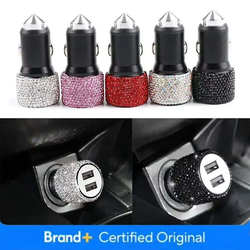 Chargeur de voiture USB rose cristal diamant 5V 2,1 a, double Port, adaptateur de charge rapide, câble 3 en 1 pour IPhone Samsung Huawei