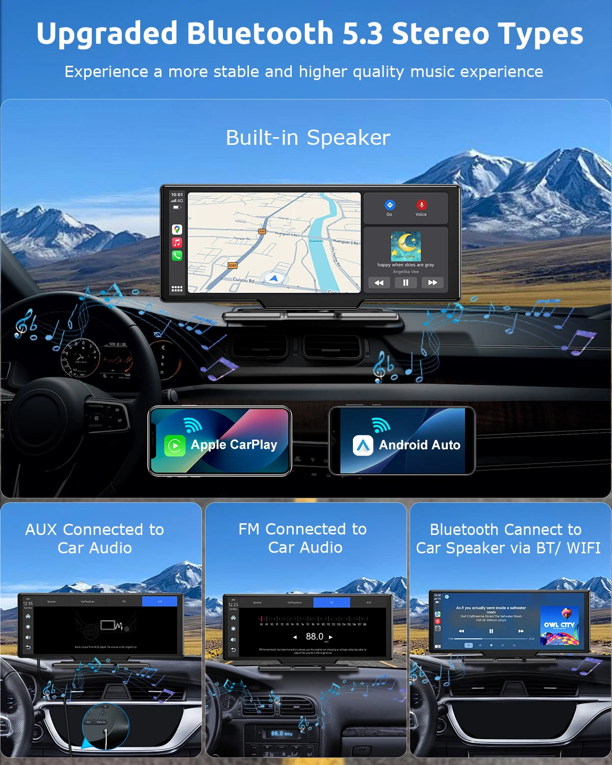 راديو سيارة محمول 10.26 بوصة 4K 64 جيجابايت شاشة لمس لاسلكية Apple CarPlay Android Auto كاميرا داشكام بلوتوث ملاحة GPS واي فاي كاميرا خلفية بزاوية واسعة AUX FM