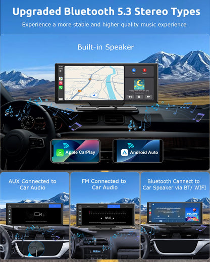 راديو سيارة محمول 10.26 بوصة 4K 64 جيجابايت شاشة لمس لاسلكية Apple CarPlay Android Auto كاميرا داشكام بلوتوث ملاحة GPS واي فاي كاميرا خلفية بزاوية واسعة AUX FM
