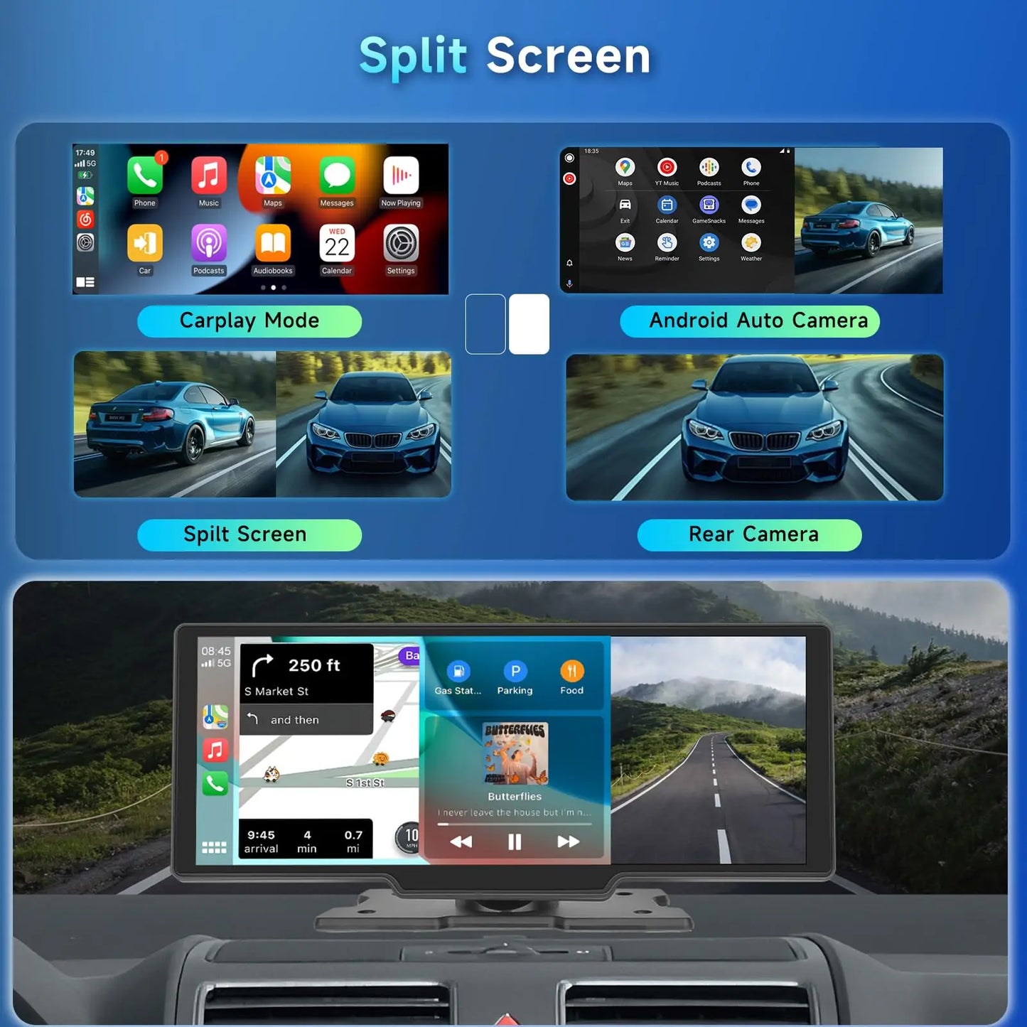 Caméra embarquée 10,26 pouces 2K, écran sans fil CarPlay et Android Auto, caméra de recul BYLITU, double objectif, DVR, WiFi, GPS, navigation, enregistreur vidéo