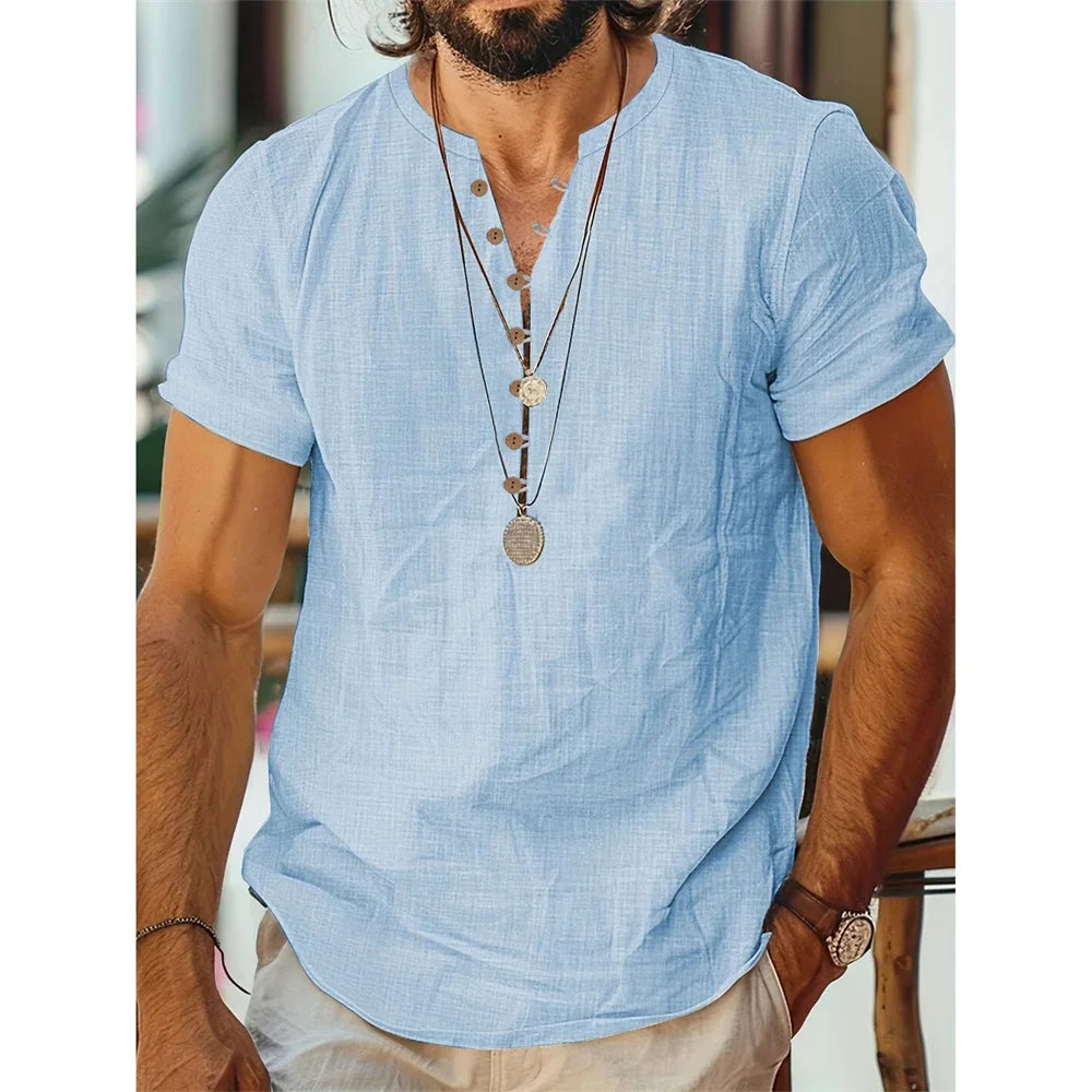 T-shirt manches courtes homme coton lin décontracté couleur unie demi bouton col rond respirant t-shirts d'été homme haut confortable