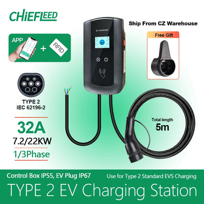 Chiefleed 22KW 32A Type 3 phases chargeur EV Portable Wi-Fi APP contrôle EVSE boîte de charge Station de charge pour chargeur de voiture électrique