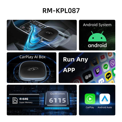 2026 CarPlay Ai Box CarPlay Android Auto filaire vers sans fil Android Qualcomm octa-core 4G + 64G Plug and Play