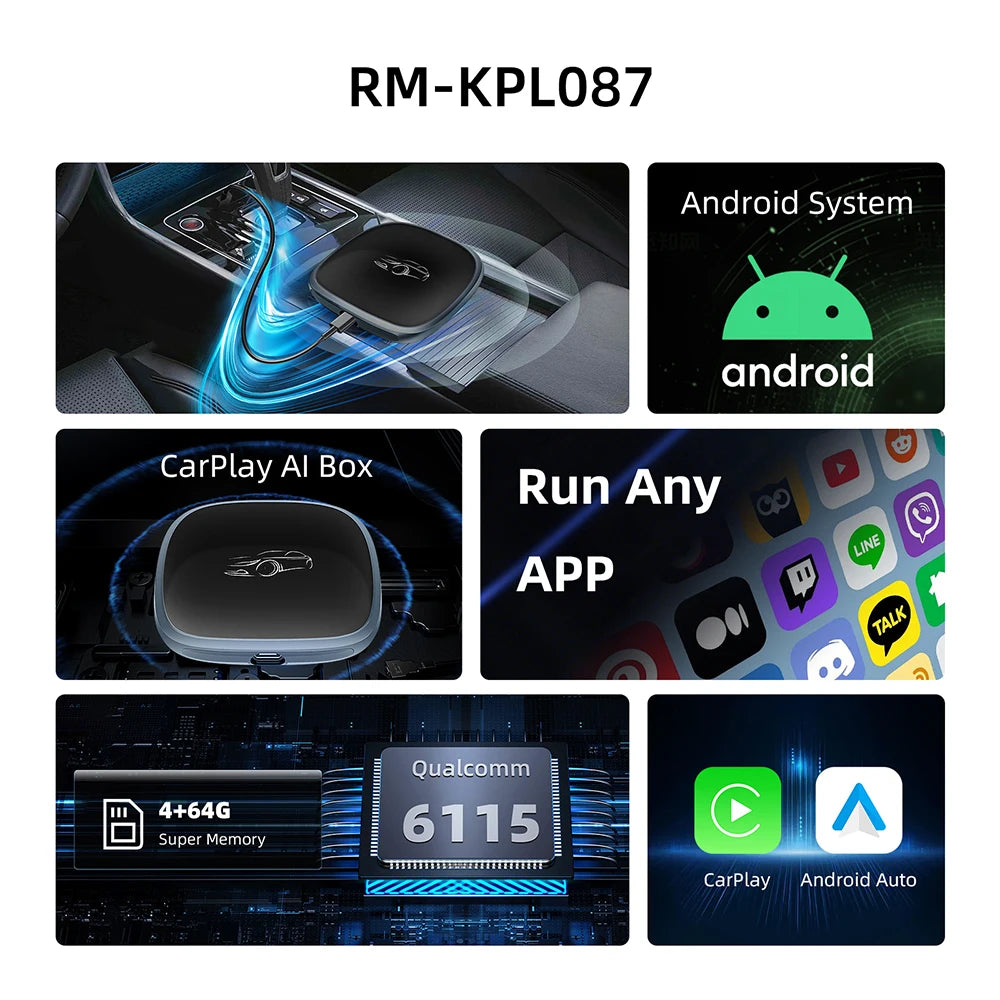 2026 CarPlay Ai Box CarPlay Android Auto filaire vers sans fil Android Qualcomm octa-core 4G + 64G Plug and Play