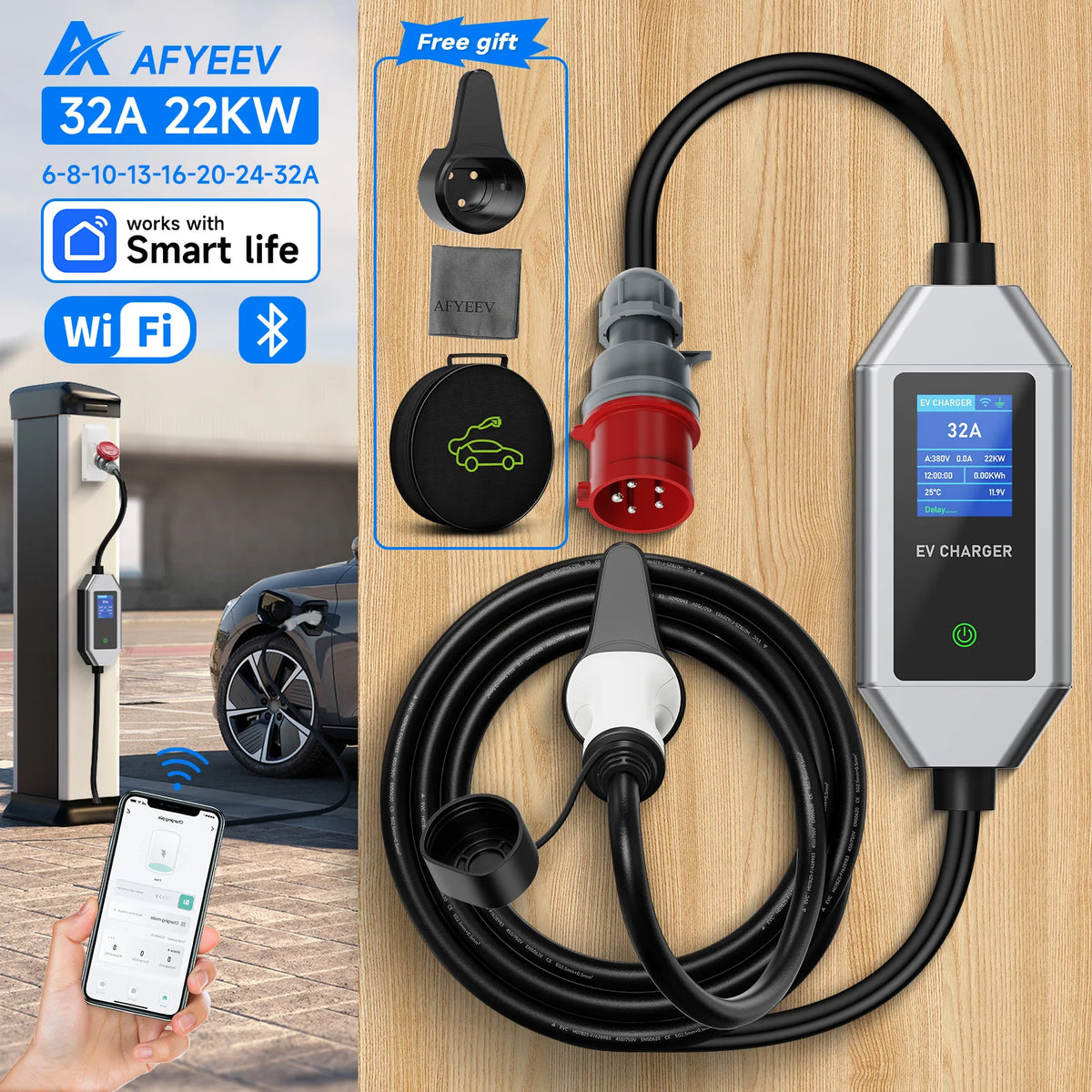 شاحن سيارات كهربائية محمول AFYEEV 22KW 32A 3 مراحل من النوع 2، مع تحكم عبر تطبيق Wi-Fi، صندوق شحن EVSE، محطة شحن لمركبات السيارات الكهربائية