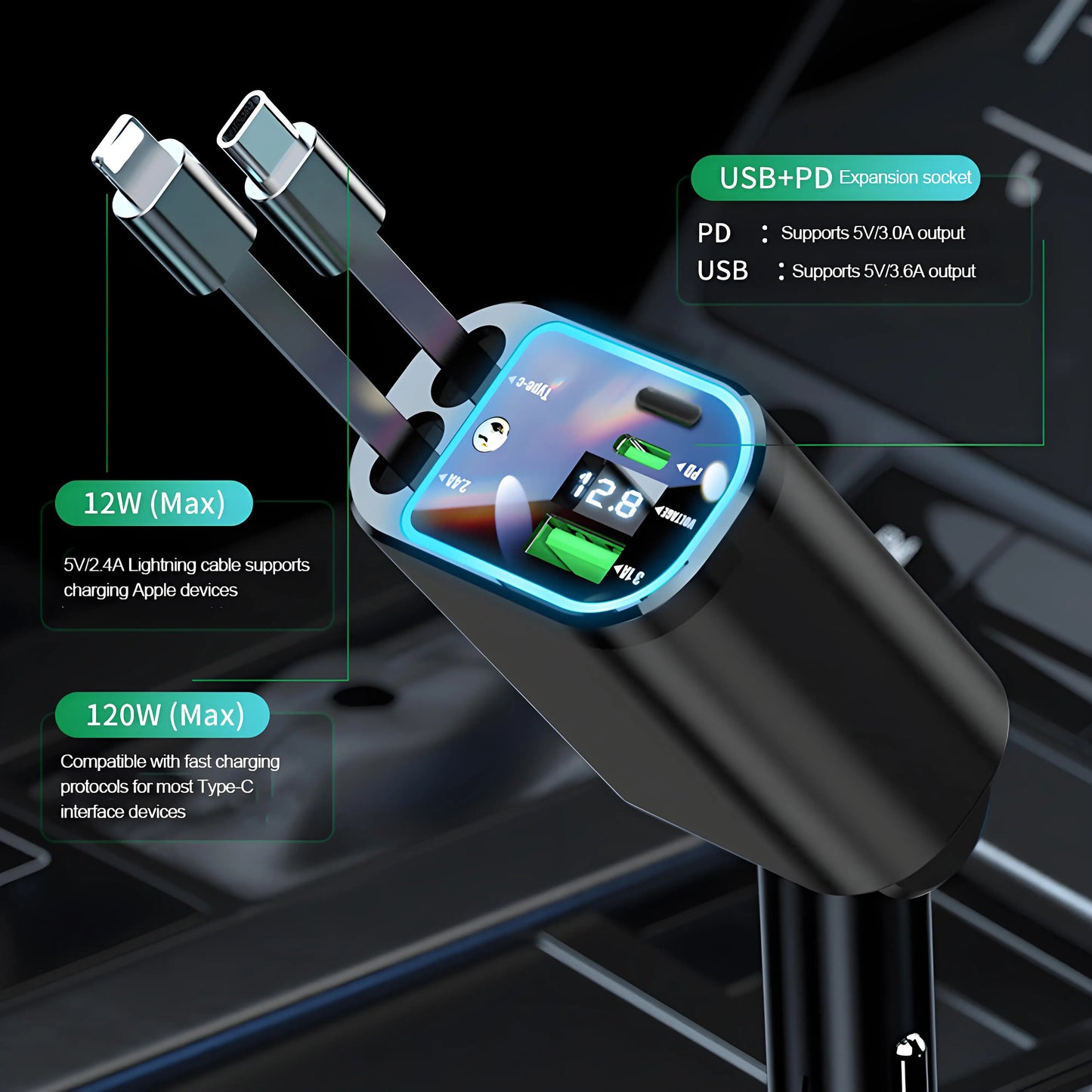 Chargeur de voiture rétractable 120W, avec toit Starlight, câble USB C, chargeur rapide, adaptateur allume-cigare pour IPhone Huawei Samsung