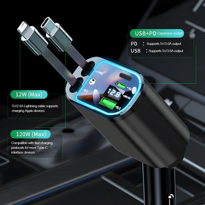 Chargeur de voiture rétractable 120W, avec toit Starlight, câble USB C, chargeur rapide, adaptateur allume-cigare pour IPhone Huawei Samsung