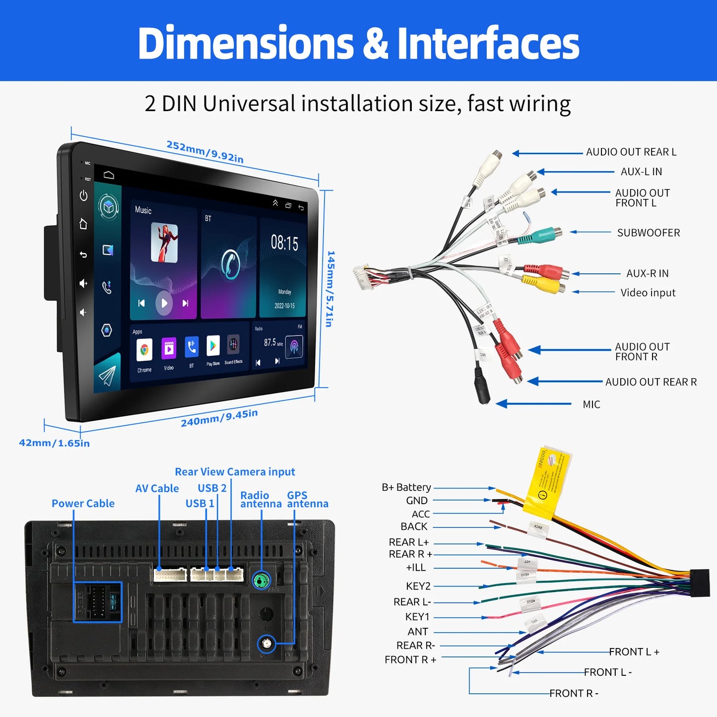 ESSGOO Écran Tactile 10.1 Pouces 2 DIN 2+64GB/4+64GB Autoradio Android 14 Carplay Sans Fil Android Auto GPS Navigation WiFi FM RDS Entrée Caméra Arrière Contrôle du Volant Mirror Link Bluetooth Écran Divisé USB