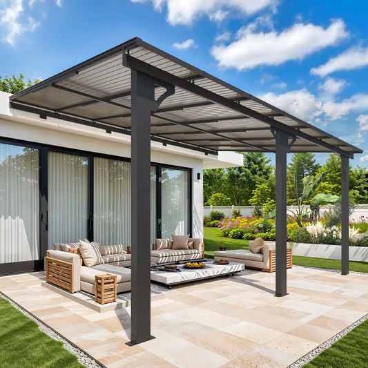 10x16FT Hardtop Metal Frame Wall-Mounted Gazebo Polycarbonate Roof UV Block Patio Deck Porch Outdoor Shelter, Custom