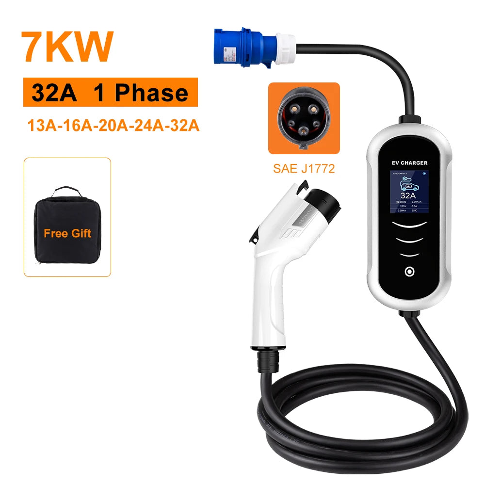 IPENGEN Portable EV chargeur Wallbox Type2 câble 32A 7KW prise CEE EVSE Type1 boîte de charge j1772 adaptateur pour voiture de véhicule électrique