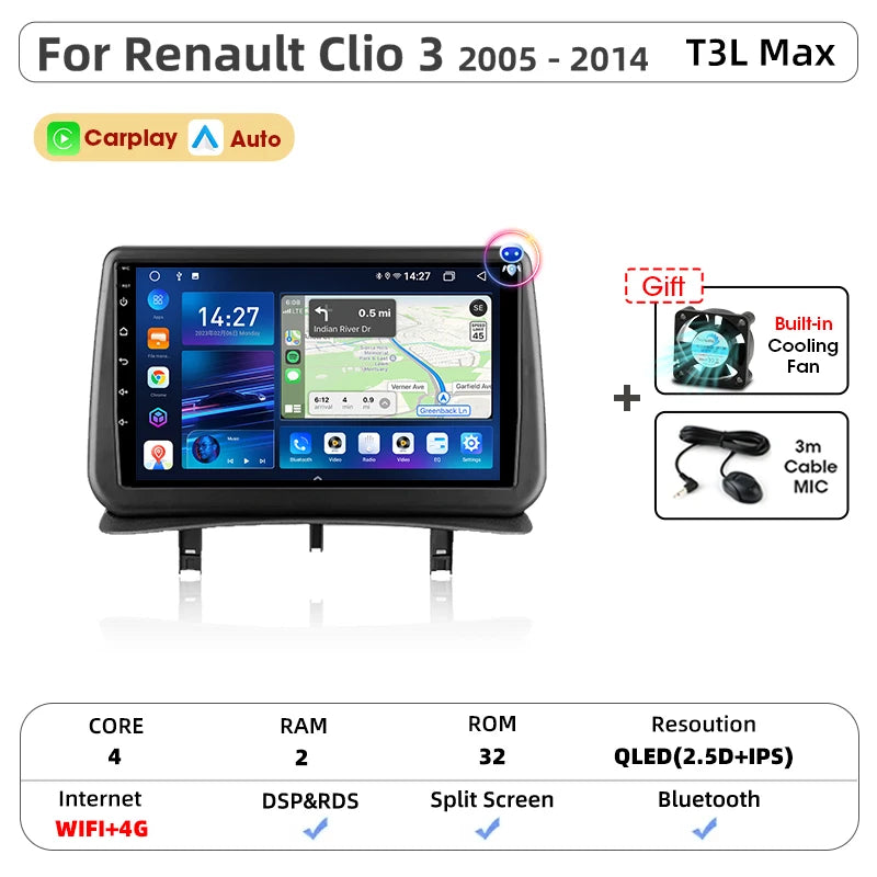 Srnubi CarPlay autoradio lecteur multimédia pour Renault Clio 3 2005 2006 2007 2008 2009 2010-2014 Android Auto GPS 2din autoradio