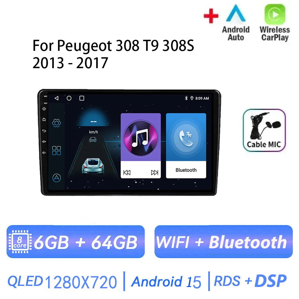 Android 15 pour Peugeot 308 T9 308S 2013 - 2017 Auto stéréo autoradio lecteur multimédia Navigation GPS 4G WIFI sans fil Carplay