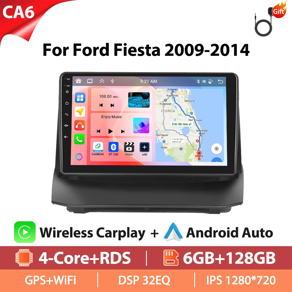 Autoradio Hikity 9 pouces 4G pour Ford Fiesta 2009-2014, lecteur multimédia vidéo, Carplay, Android Auto, 8 cœurs, WIFI, 4G, GPS, Mirrorlink, BT