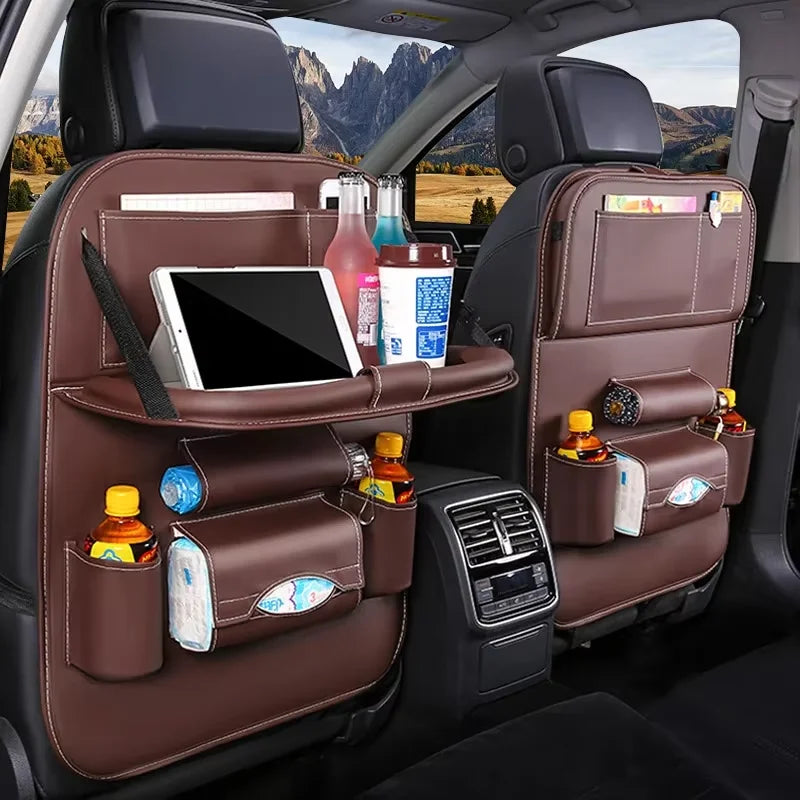 Organisateur de dossier de siège de voiture avec plateau de Table pliable, organisateur de rangement en cuir PU avec poches, tapis de coup de pied, accessoires d'intérieur de siège