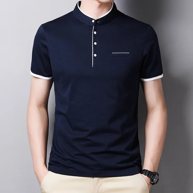 2025 nouveaux hommes décontracté et à la mode couleur unie à manches courtes col montant T-shirt été polyvalent et confortable haut
