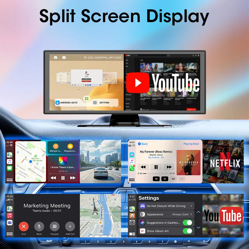 11.26 pouces Android 14 voiture DVR 4G + WIFI 8 cœurs 4G + 64G sans fil Carplay Android Auto Dashcam 1080P enregistrement prise en charge Youtube Netflix