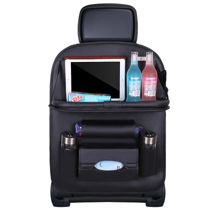 Organisateur de dossier de siège de voiture avec plateau de Table pliable, organisateur de rangement en cuir PU, poches, tapis de coup de pied, accessoires d'intérieur de siège