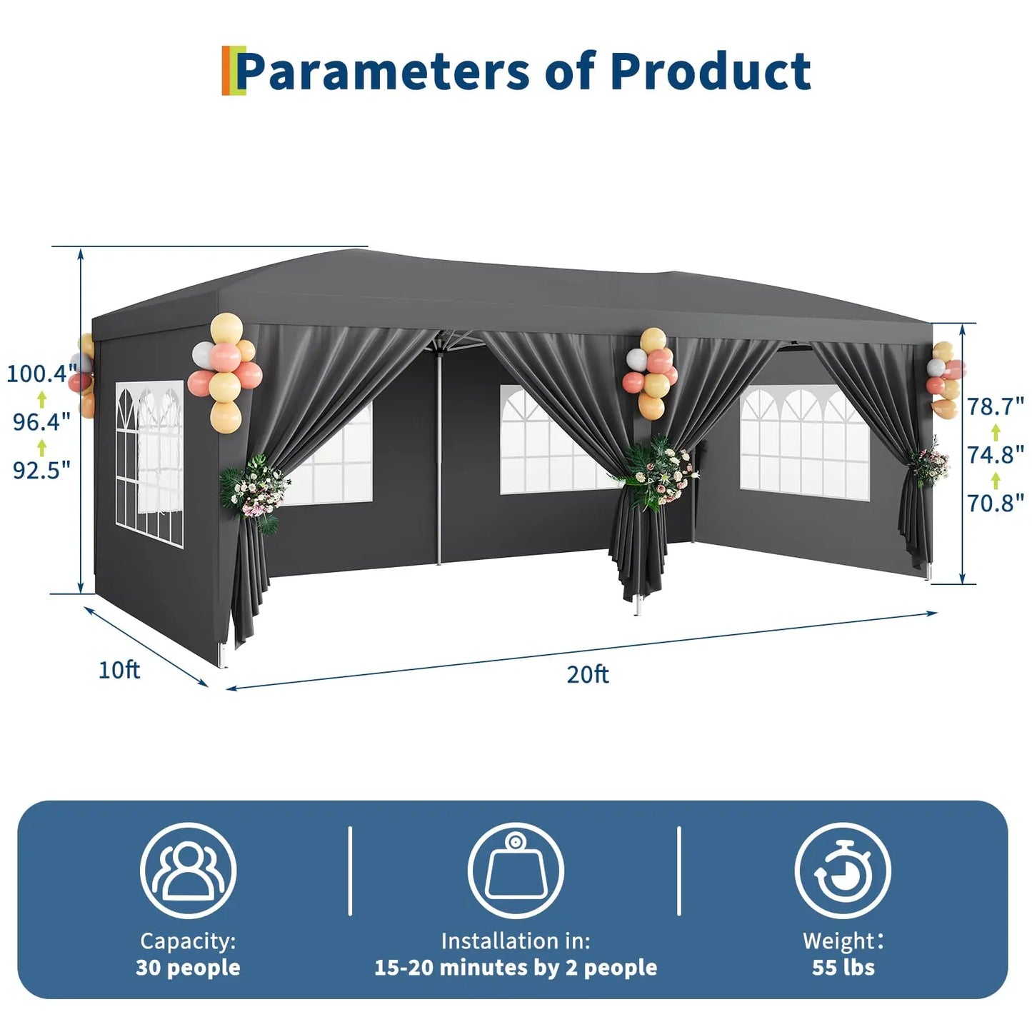 Tente de réception commerciale pliable 10x20, robuste, pour événements extérieurs, avec 6 parois latérales, imperméable, gazebo de fête et sac de transport