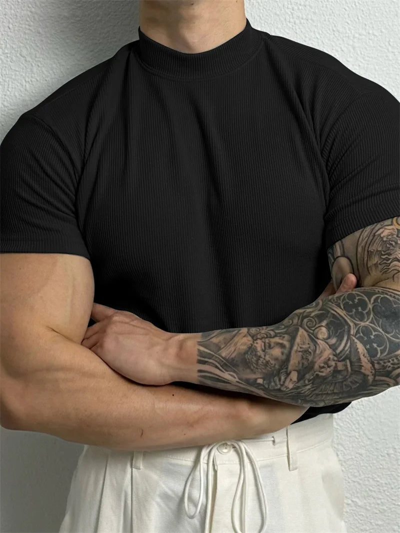 Printemps été mode hommes T-shirt petit col haut chemise à rayures à manches courtes haut de fitness loisirs sport T-shirt hommes vêtements de sport