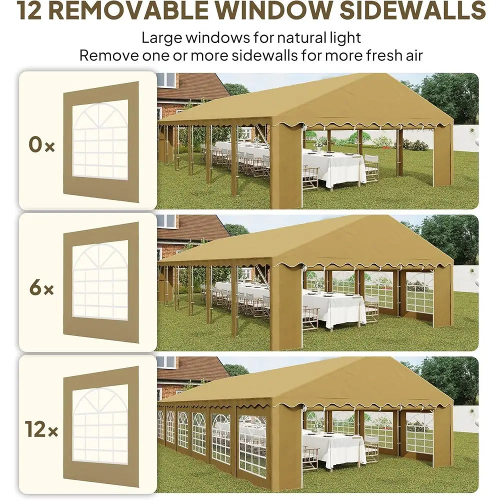 خيمة استقبال خارجية متينة 20 × 40 قدم مع جدران قابلة للإزالة، 12 نافذة، بابين، مثالية للمناسبات وحفلات الزفاف وحفلات الشواء، لون بني