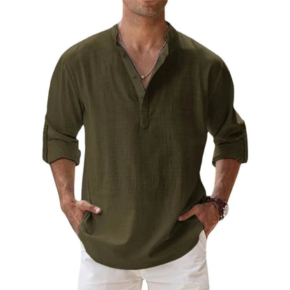 Nouvelles chemises en coton et lin pour hommes chemises décontractées légères à manches longues chemises de plage Henley t-shirts hawaïens pour hommes