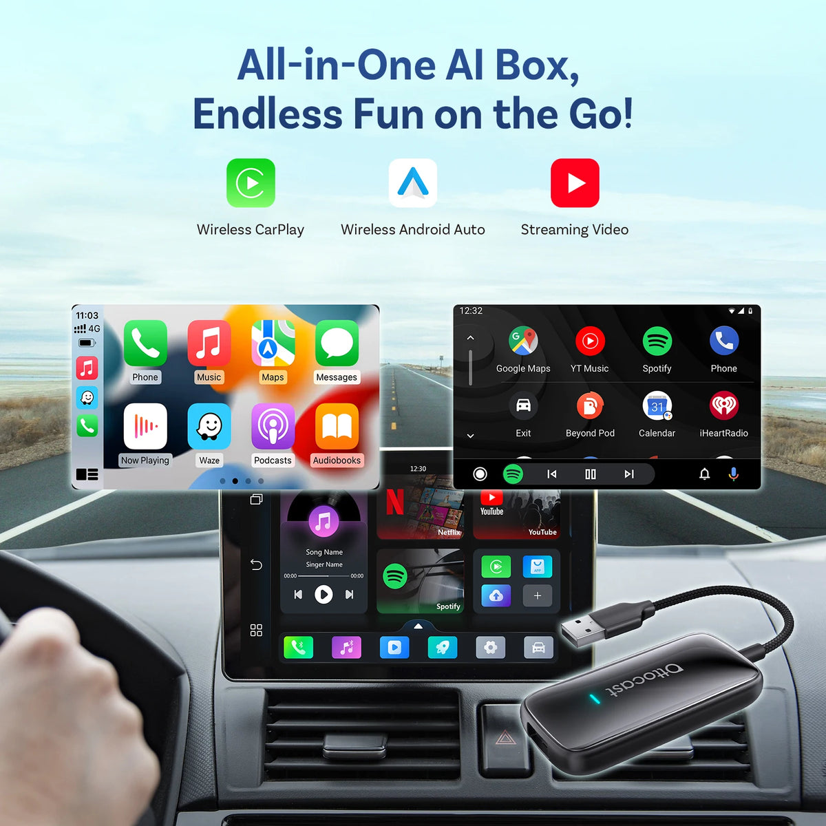 OTTOCAST Play2Video Ultra sans fil CarPlay et Android Auto AI Box intégré YouTube Netflix IPTV Plug & Play pour voiture filaire d'usine