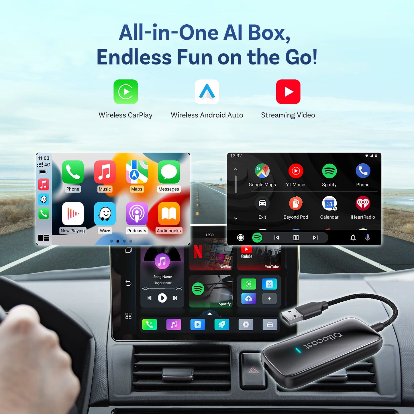 OTTOCAST Play2Video Ultra sans fil CarPlay et Android Auto AI Box intégré YouTube Netflix IPTV Plug & Play pour voiture filaire d'usine